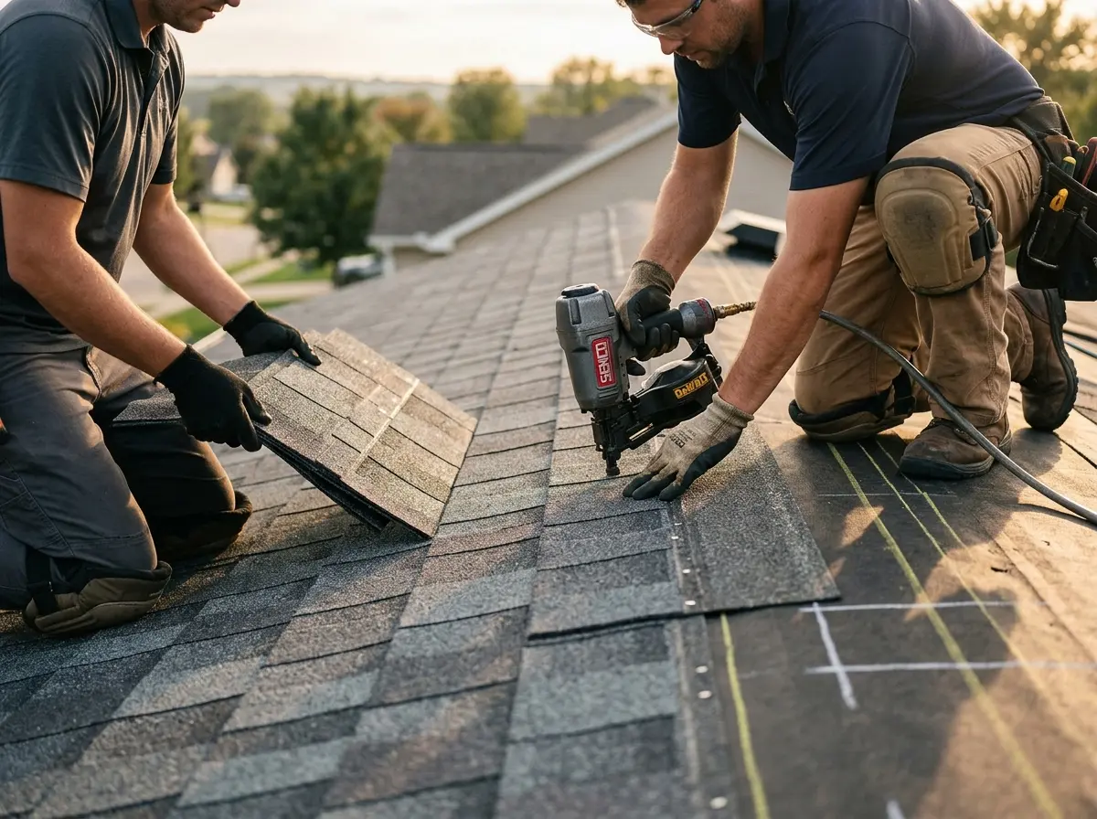 Professional roofer working on a residential roof in Spirit Lake